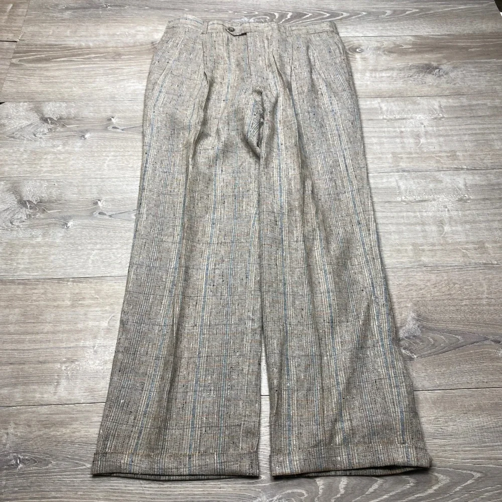 Leeds Slacks Trousers Mens 31 Brown Plaid Pleated Cuffed Vintage Made in USA